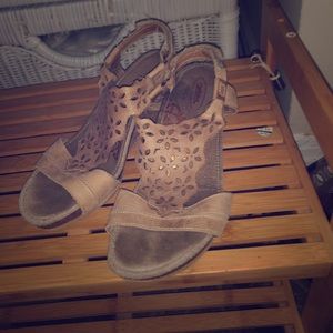 Velcro strap tan sandal with slight heel